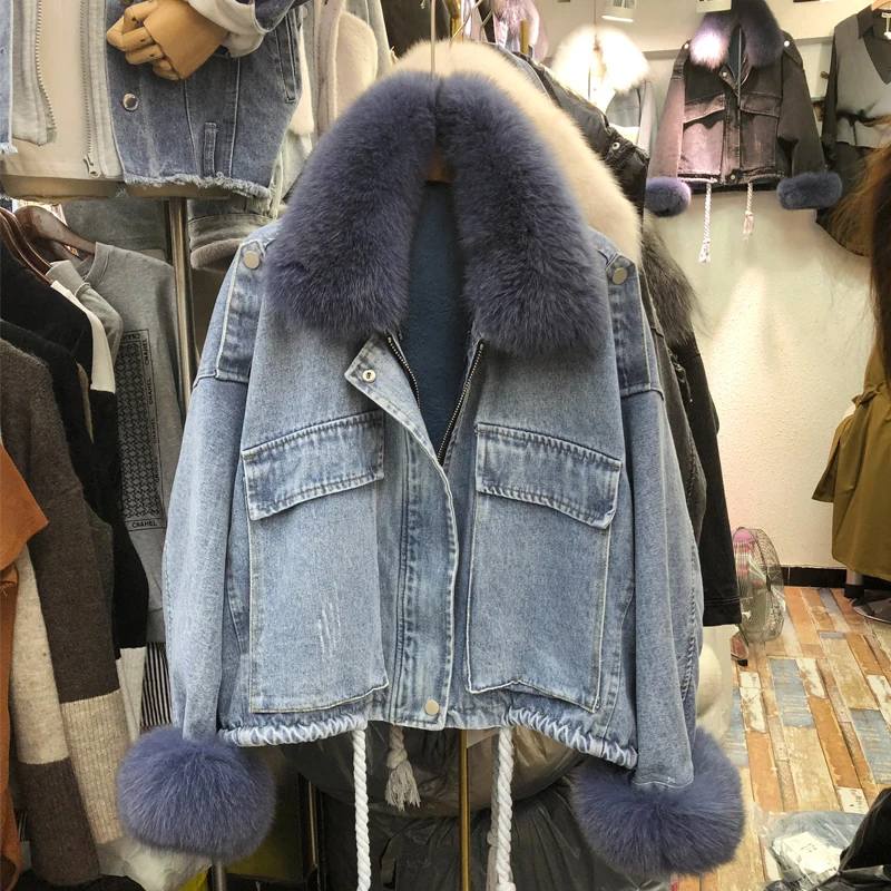 price cut  Real Fox Fur Collar Denim Jacket Women 2019 Winter Coat Loose Fox Fur + Faux Rabbit Fur Liner Detac