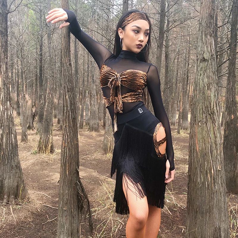 

2021 Sexy Mesh Long Sleeve Bodysuit Tassel Skirt Suit Women Latin Dance Costumes Rumba Cha-Cha Samba Latin Performance Clothes
