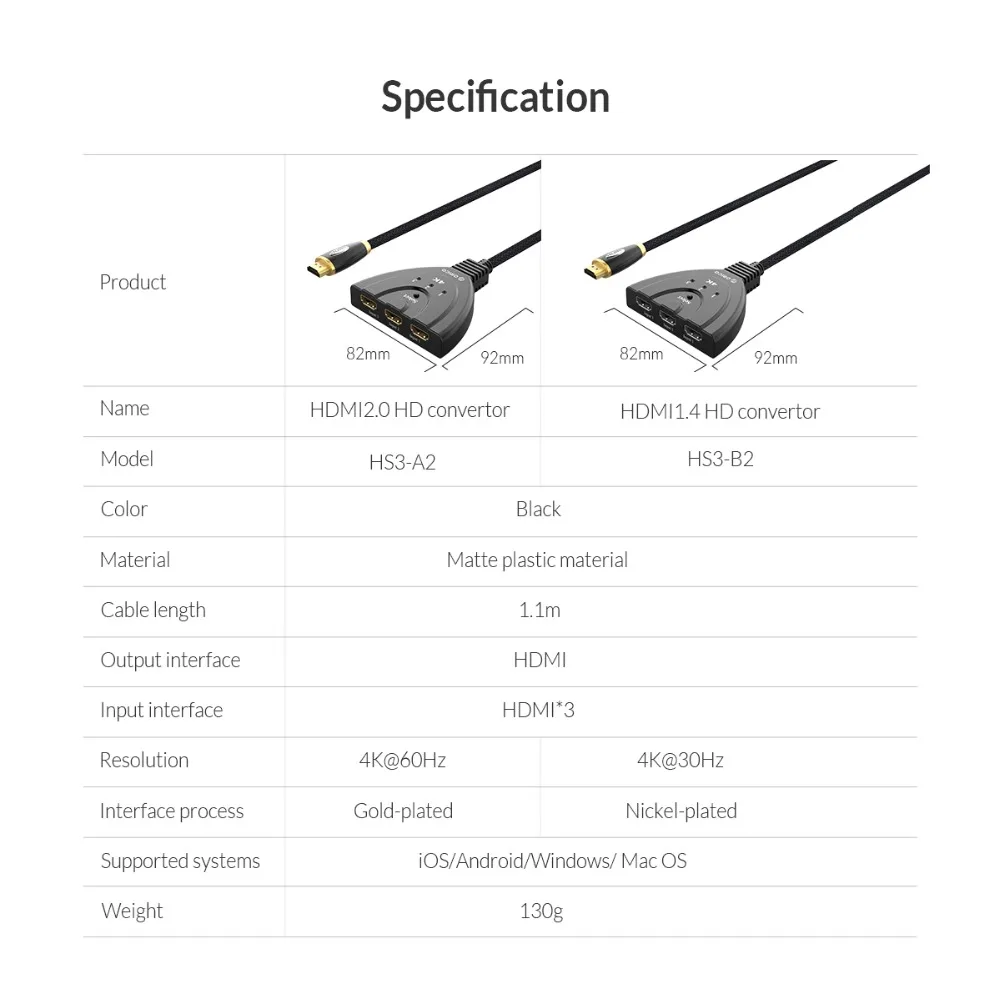 ORICO 3 порта Переходник HDMI разветвитель Кабель 4K60Hz 30Hz HDMI2.0 1,4 коммутатор 3 в 1 выход порт HDMI кабель для ноутбука Xbox TV PS3 PS4