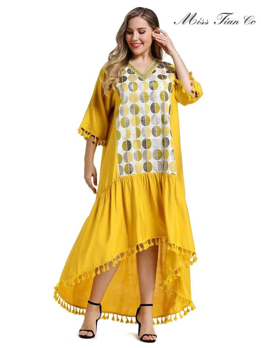 

Toleen 2019 Spring Women Plus Size A Line Chrismas Dress V Neck Patchwork Geometry Tassel Yellow Dress Moda Feminina