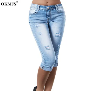 

Classic Distressed Calf-Length Jean Pants Jeans Women Mid Waist Stretchy Ripped True Denim Pants Skinny Pencil Jeans Woman 3XL