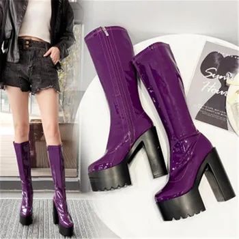 

Fashion Knee High Boots Women Round Toe Sheepskin Riding Boot High Heels Zip Shoes Sexy Slim Platform Nightclub Female Boots