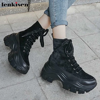

Lenkisen high quality cow leather thick bottom round toe high heels breathable noble flock winter lace up warm ankle boots L2f1