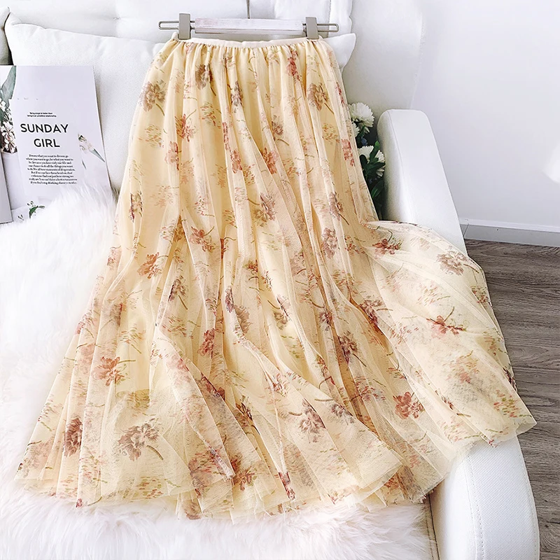 Женская длинная юбка из тюля с цветочным рисунком SURMIITRO, розово-белого цвета, элегантная юбка-макси со складками и высокой талией в корейском стиле для женщин - Цвет: apricot