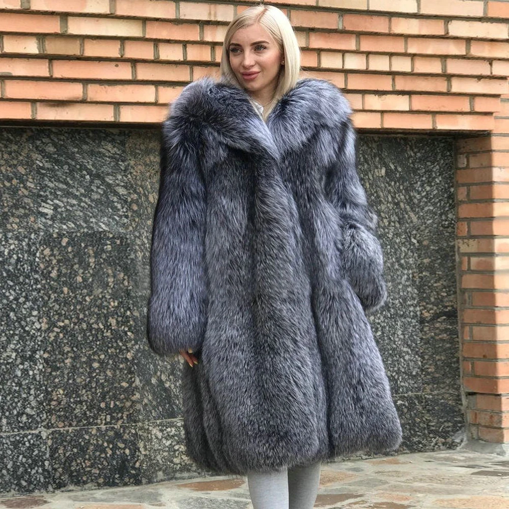 Long Real Silver Fox Fur Coat for Women Winter Fashion Whole Skin Genuine Silver Fox Fur Coats with Big Hood Thick Warm Overcoat