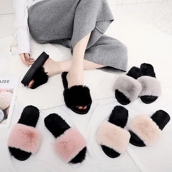 

Home furry Women's Warm Cotton Shoes Ladies Fashion Slippers Indoor&Outdoor Home Slippers Woman Slip on Flats Female Faux Fur