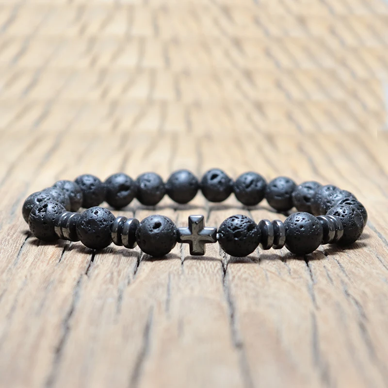Браслет Noter из натуральной вулканической лавы Femme Homme Black 3 вида стилей Cross Braslet
