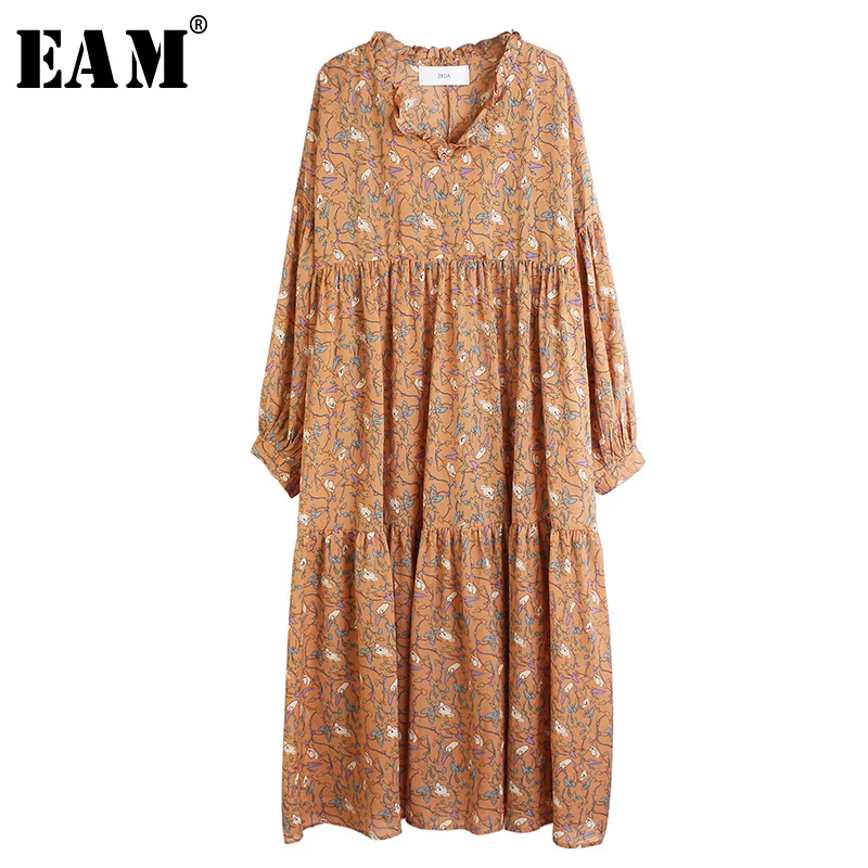

[EAM] Women Pattern Printed Rufflles Big Size Dress New V-Neck Long Sleeve Loose Fit Fashion Tide Spring Autumn 2020 1S133