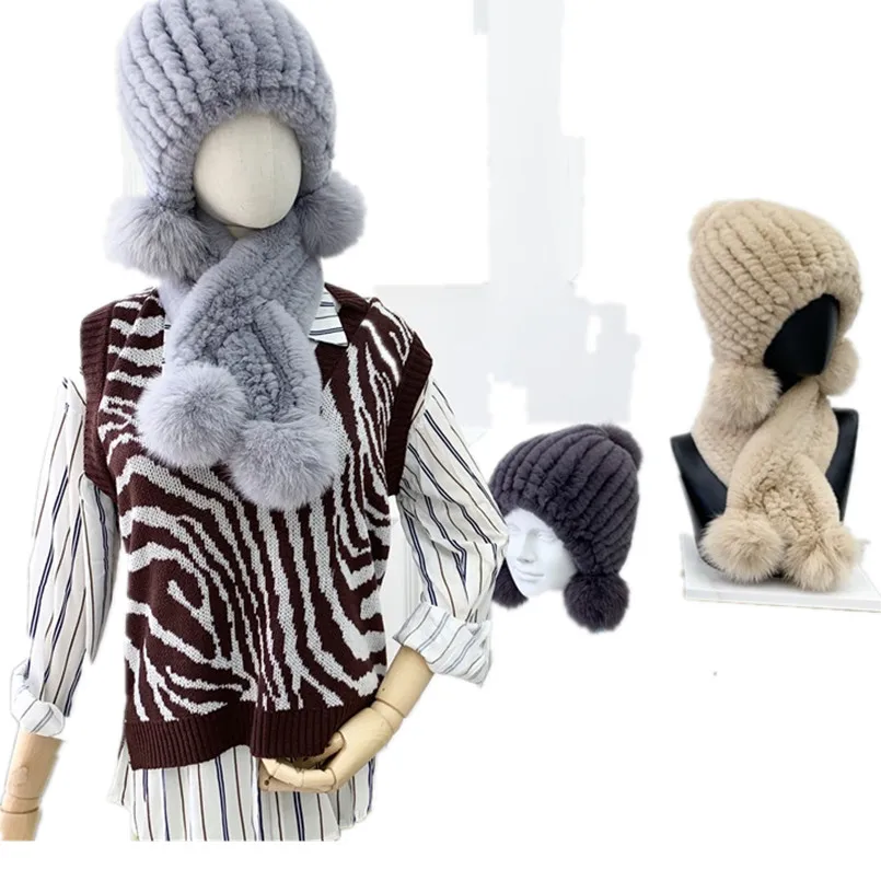 本物のレックスのウサギの毛皮の帽子2ピースニット暖かい豪華なキャップ柔らかい冬用本物のキツネの毛皮のポンポンボールキャップ