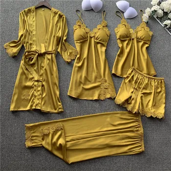 

Sexy Pajamas For Women Satin Silk 5 Pcs Pajamas Set Flower decoration Long Sleeve Spring And Summer Clothes Full Lenght Pants