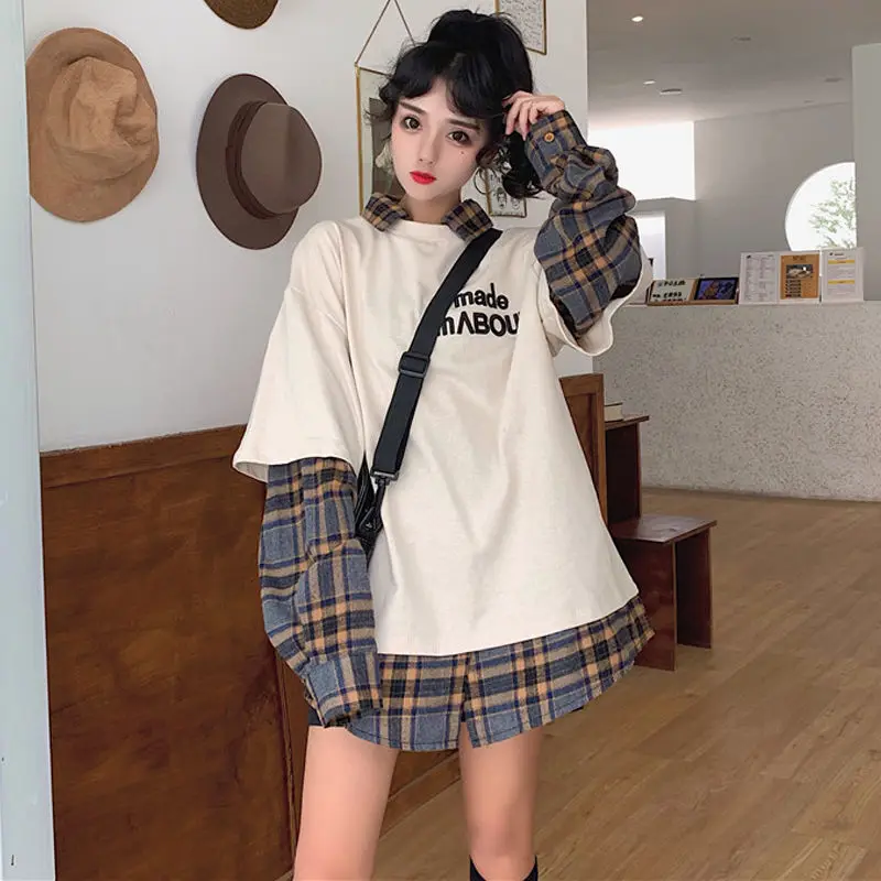 Kawaii Hoodies Korean Style Women Long Sleeve Pullover Plaid Sweatshirt 2021 Oversized Streetwear Kpop Tracksuit Female