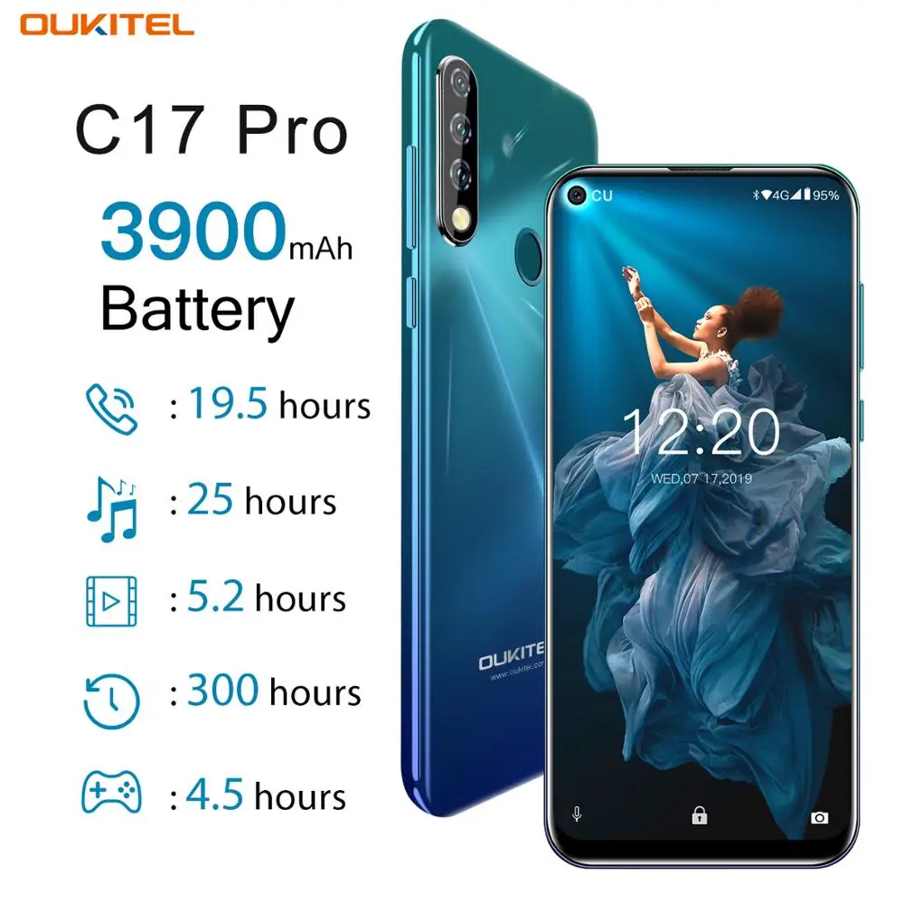 Мобильный телефон OUKITEL C17 Pro, 6,35 дюймов, 19:9, Android 9,0, MT6763, четыре ядра, 4 Гб ОЗУ, 64 Гб ПЗУ, Face ID, 4G LTE, 3900 мАч, аккумулятор, смартфон