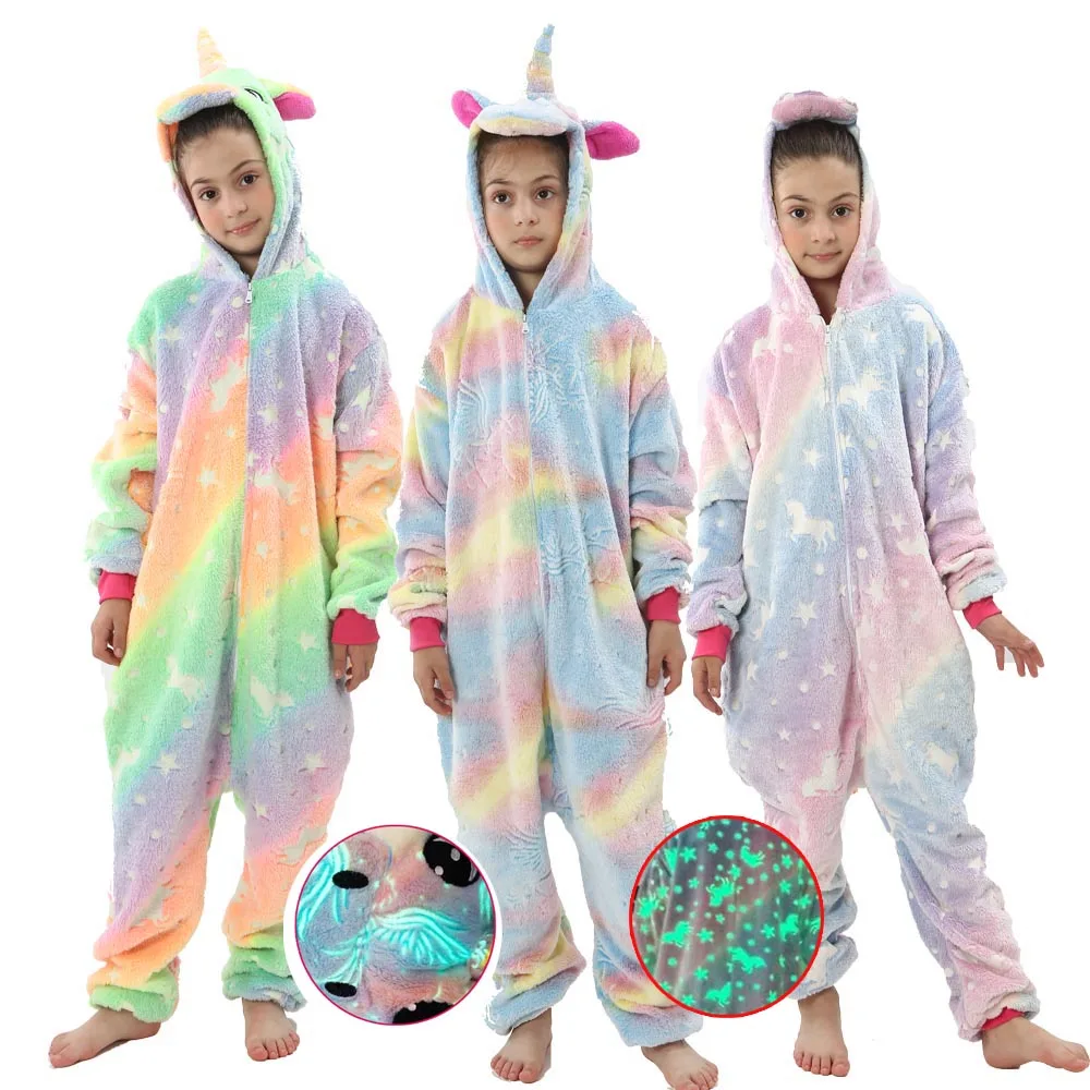 baby robe  Glow in the Dark Kigurumi Unicorn Pajamas Kids Animal Cartoon Pijamas Adult Onesies Overalls Children Girls Sleepwear Homewear baby nightgown newborn