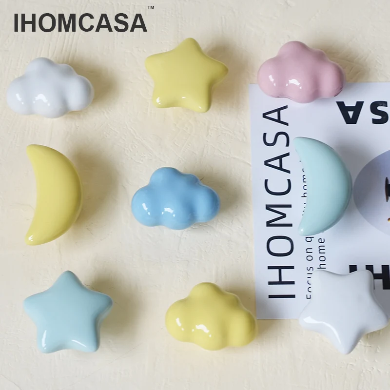 Furniture handles Ceramic Clouds Stars Moon Hook And Handle Drawer Knobs Dresser Drawer Knob Wall Cabinet Door