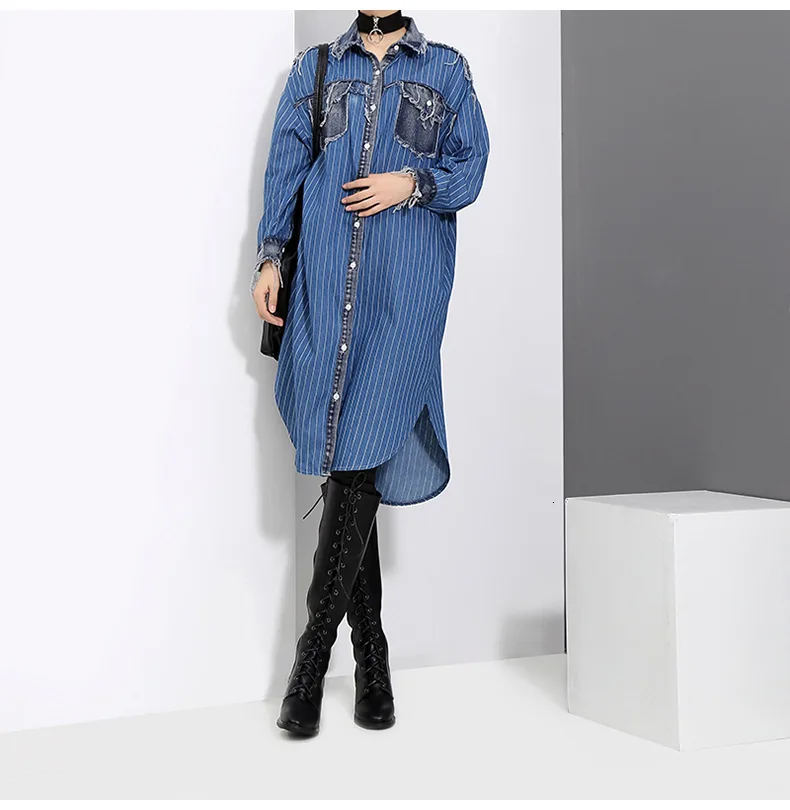 [EAM] Women Blue Striped Denim Big Size Shirt Dress New Lapel Long Sleeve Loose Fit Fashion Tide Spring Autumn 19A-a282