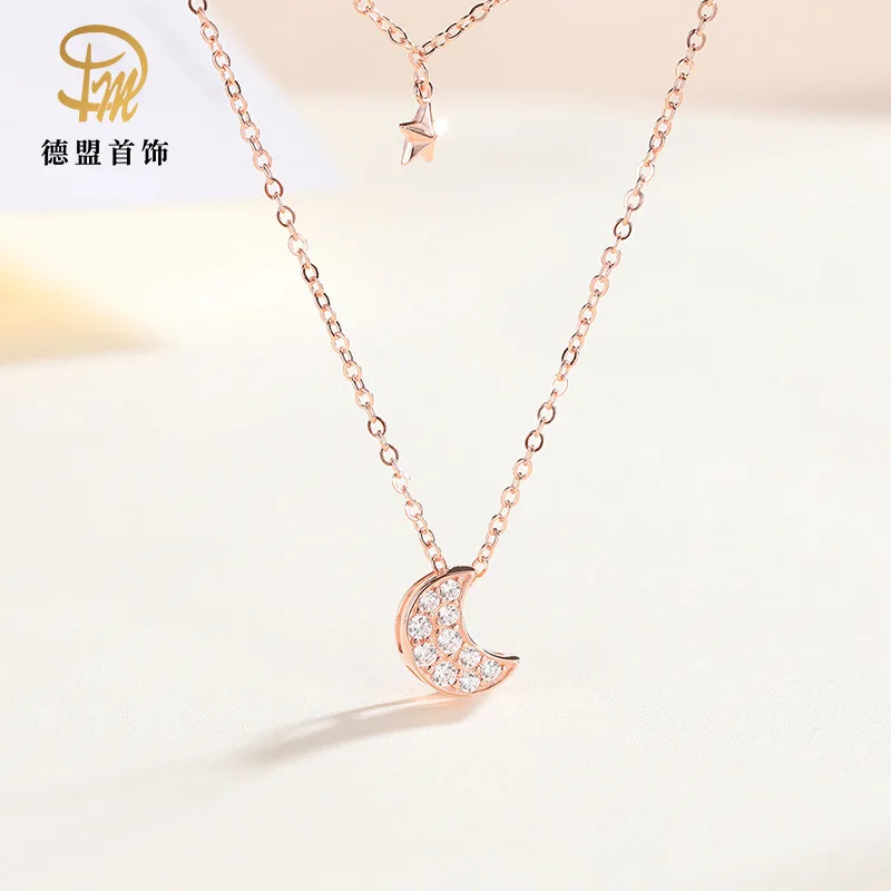

Adronic New Style Star Moon Necklace 925 Sterling Korean-style Fashion Diamond Set Moon Pendant Double Layer Choker Women's