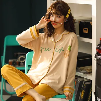 

Women's 2 Pieces Pajamas Sets 100% Cotton Solid Nightgowns Female Sleepwear Suits Spring Summer Autumn Long Sleeved Homewear