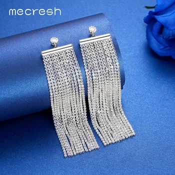 

Mecresh Fashion Rhinestone Tassel Drop Earrings for Wedding Women Big Fringe Christmas Dangle Earrings MEH169