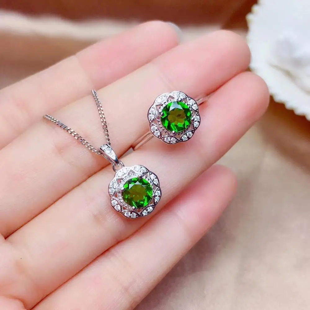 Natural green diopside party jewelry sets natural gemstone ring necklace S925 silver Fashion rose Flowers Shape girl jewelry