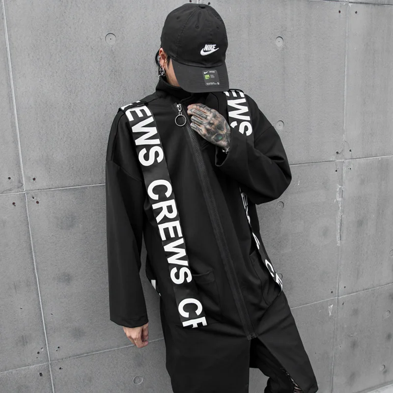 Male Streetwear Hip Hop Gothic Casual Windbreaker Outerwear Men Long Style Letter Ribbon Splice Loose Black Trench Coat Jacket