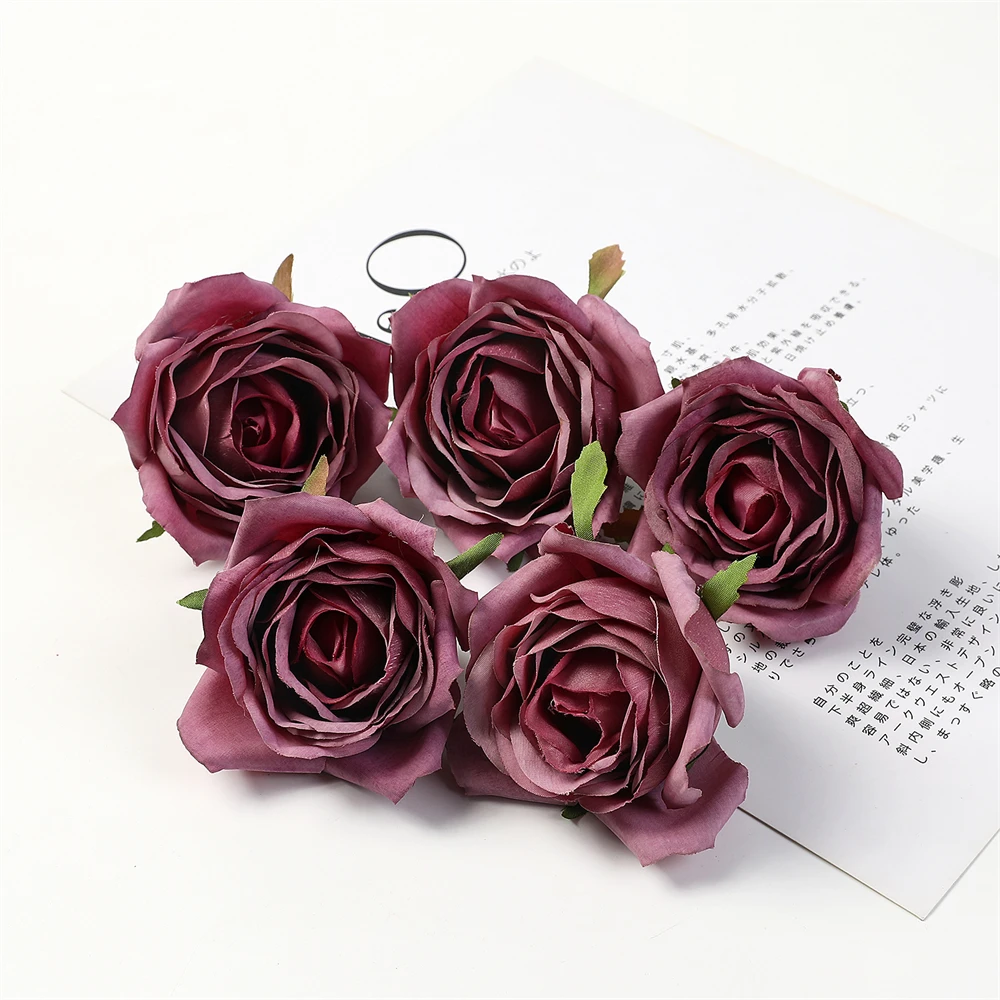 5PCS Champagne Rose Buds Artificial Roses Head Fake Rose Buds Artificial Silk Flower For Wedding Bride Bouquet Filler Home Decor