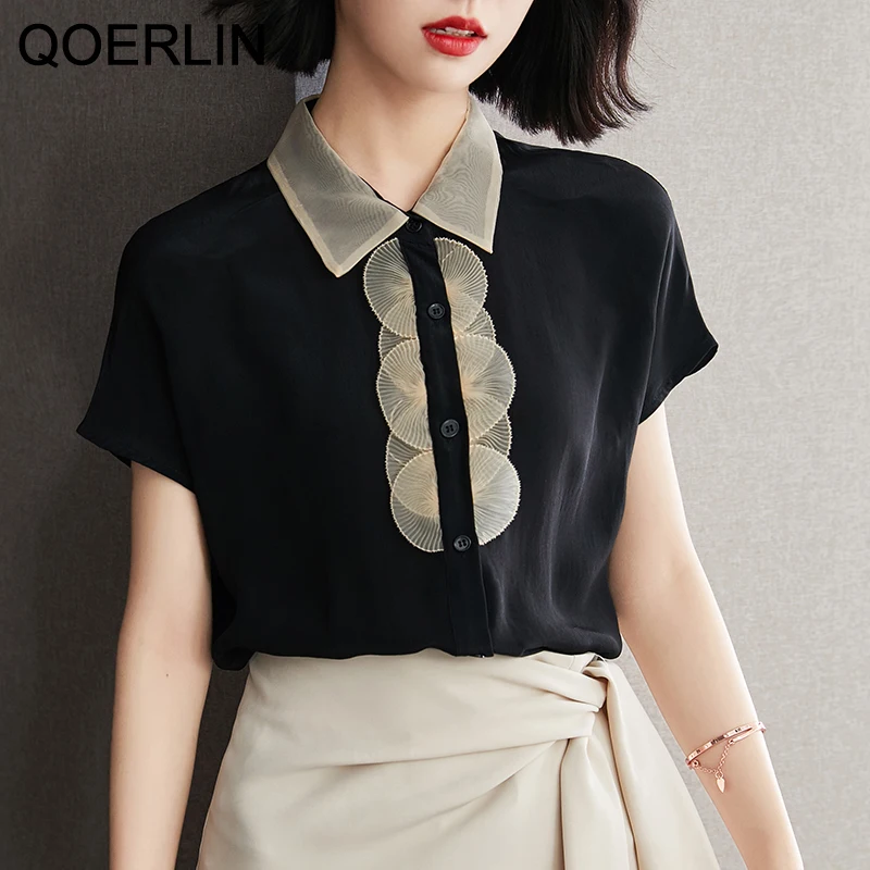 QOERLIN Retro Mesh Patchwork Black Tops Shirts Women Turn-Down Collar Short Sleeve Summer Blouse Ladies Office Chic Elegant Tops magdalyn women sexy cross bodycon mesh rompers fashion skinny rompers streetwear design chic bodysuits black combination catsuit