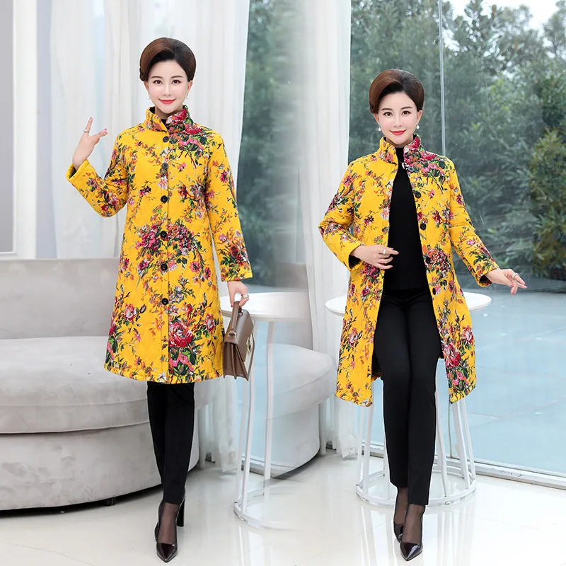 

2019 Autumn And Winter Ethnic-Style Cotton Linen Padded Cotton Overcoat Women's Middle-aged Women Dress Large Size Mid-length Co