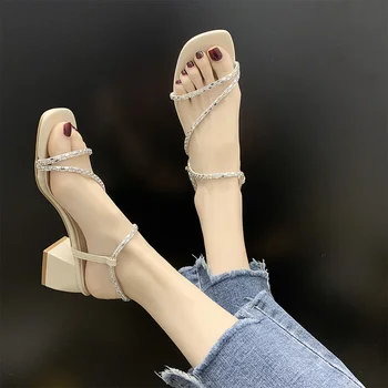 

Rhinestone Sandals Comfort Shoes For Women Clear Heels Slip-on Loafers Summer Women's Suit Female Beige Two Weare All-Match