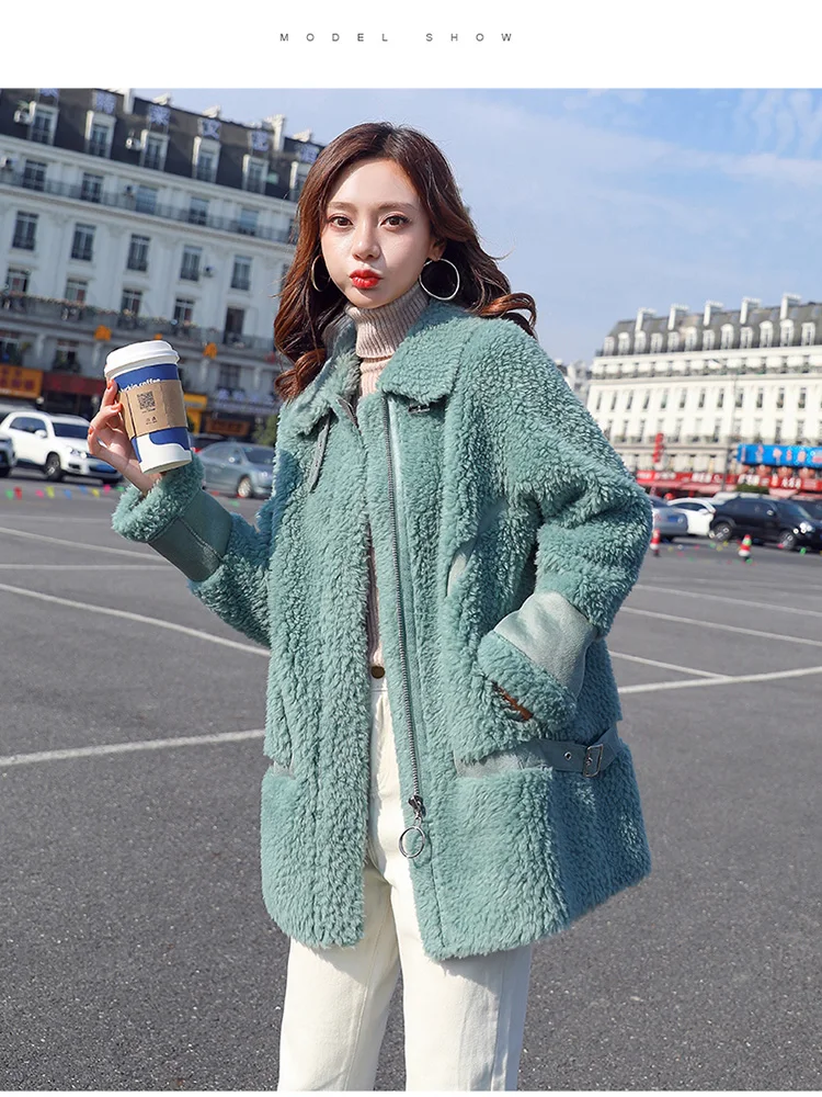 

New European and American style Fashion winter warm faux lamb fur mid-section simple design jacket outerwear for women