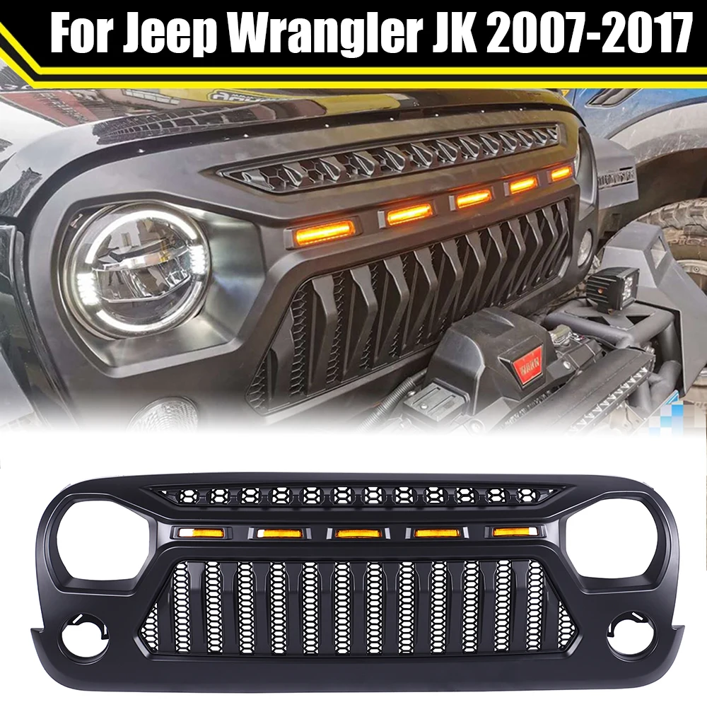 

Modified Front Grill Cover Racing Grille ABS Bumper Mesh Grills With Amber LED Lights For Jeep Wrangler JK 2007-2017 Accessories