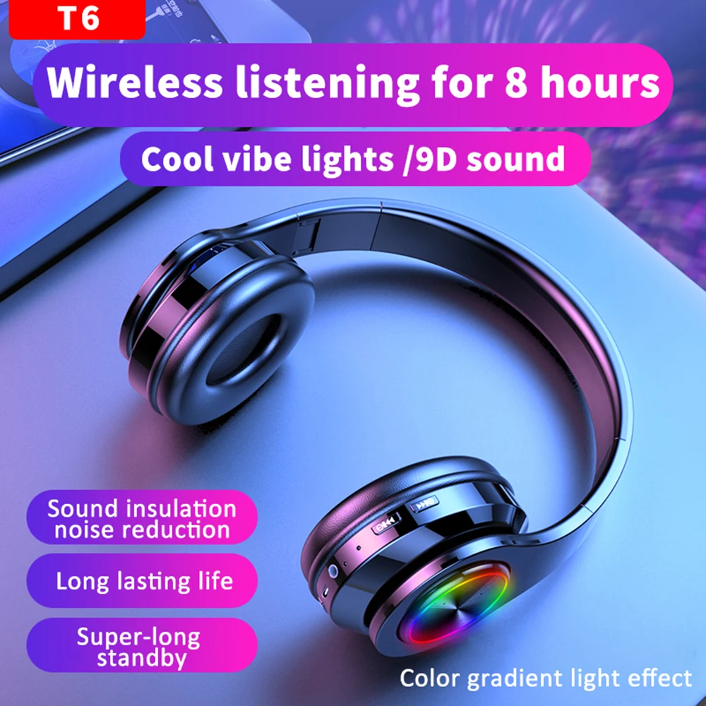 Bluetooth наушники T6 складные с поддержкой TF карты и светодиодсветодиодный