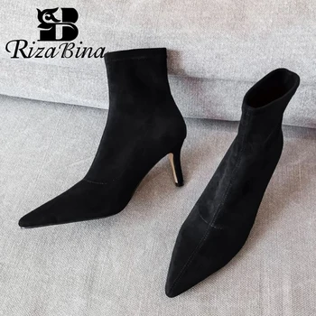 

RIZABINA High Quality Ankle Boots For Women Stretch Sock Boots Sexy Pointed Toe Slip On Shoes Thin Heel Footwear Size 34-39