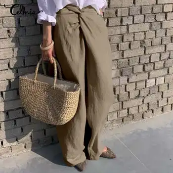 

2020 Summer Linen Pants Celmia Women Casual Wide Leg Long Trousers Elastic High Waist Fashion Pantalon Office Solid Loose Pant