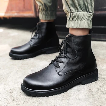 

Boots Men Genuine Leather Ankle Boots Punk Doc Motorcycle men Shoes Thick Heel Winter Shoes plush warm snow boots men
