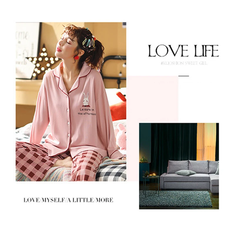 2pcs Women Pajama Set Nightwear Turndown-collar Cute Cartoon Printing Plus Size Autumn Winter Home Long Style Casual Loungewear