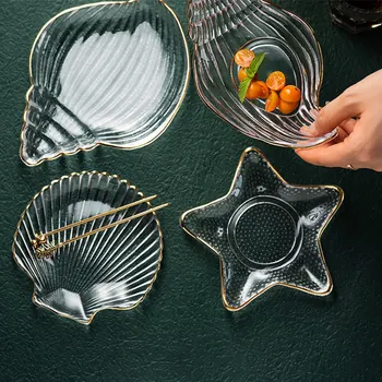 

Nordic Home Decor Marine Series Tableware Glass Dessert Dish Candy Dish Salad Bowl With Golden Edge talerze тарелка для фруктов