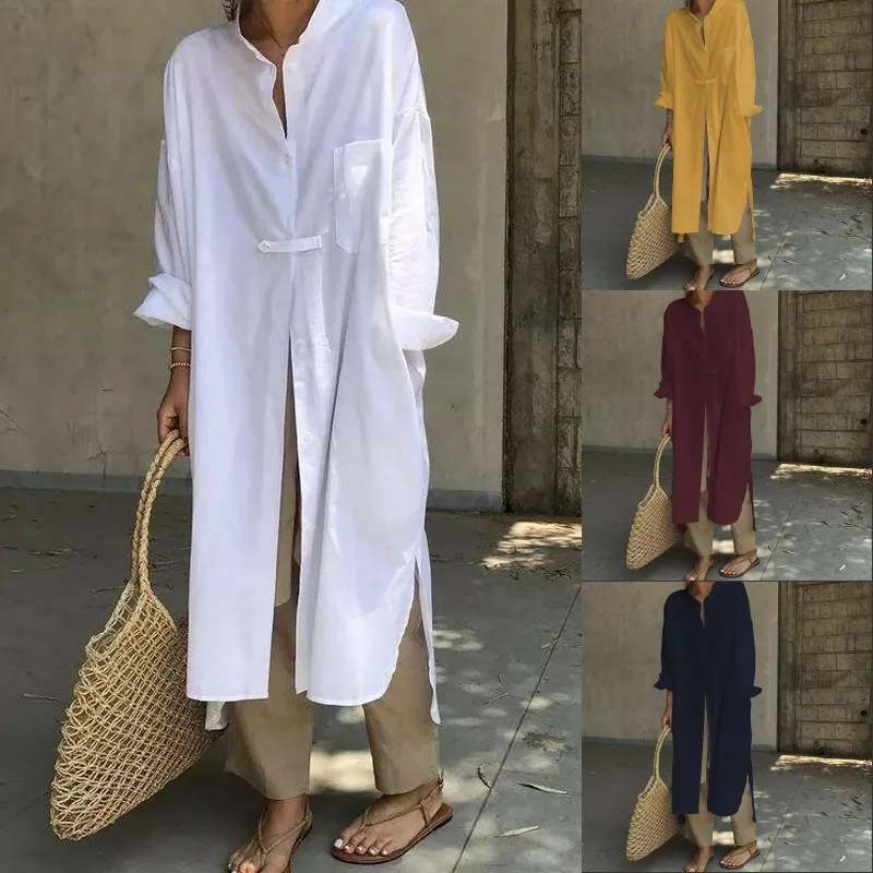 

Vintage Cotton Tops Women's Asymmetrical Long Blouse 2019 ZANZEA Long Sleeve Casual Split Shirts Female Stand Collar Tunic S-5XL