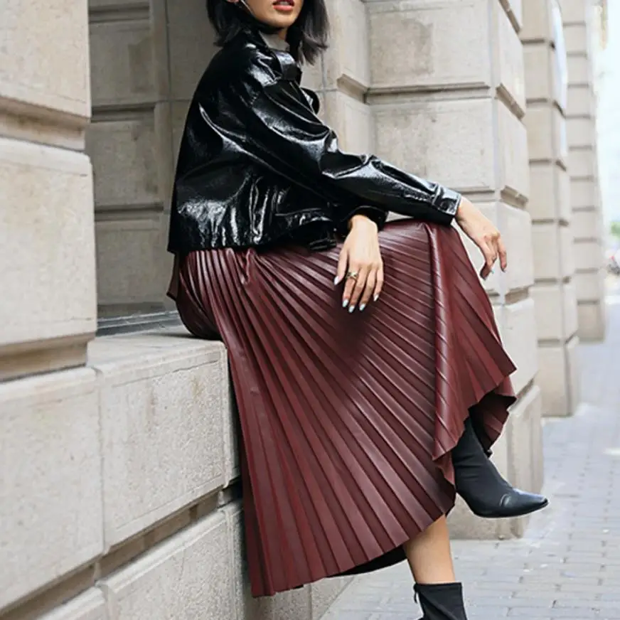 leather look pleated maxi skirt