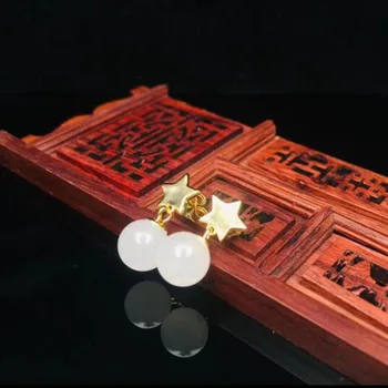 

925 Silver Fine Jewelry Hetian White Jade Fashion Temperament The Stars Eardrop, Designed for Women To Create Jewelry Gifts