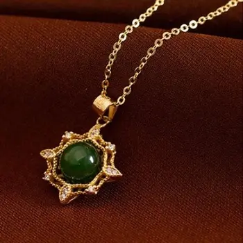 

silver inlaid natural Hetian jasper round bead pendant necklace niche design craftsmanship elegant romantic women brand jewelry
