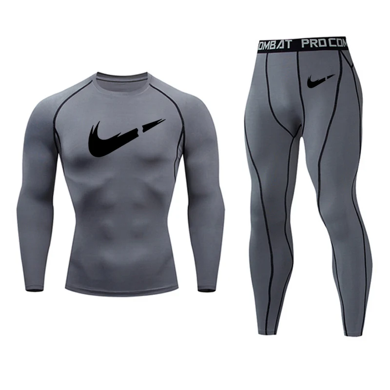 Men's Thermal Underwear Set Quick-drying Jogging Training T-shirt Leggings Gym Suit Rashgard Winter Men's Sportswear Sets - Цвет: 2pc sets