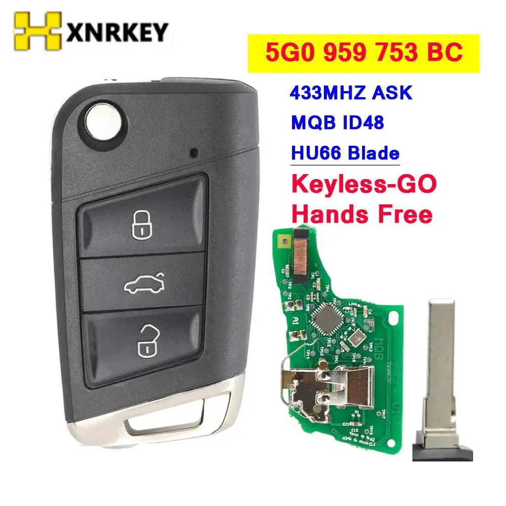 

XNRKEY 3 Button Car Smart Flip Remote Key ID48 Chip 433Mhz for VW Skoda MQB VII Golf MK7 2017 Touran Polo Tiguan Smart Flip Key