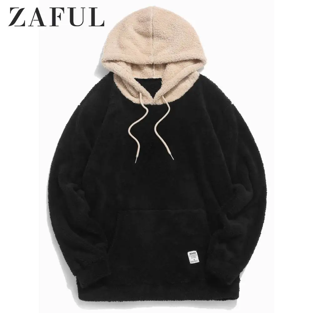 ZAFUL Цвет Блок Сращивание Drawstring пушистый балахон мужские толстовки новая уличная