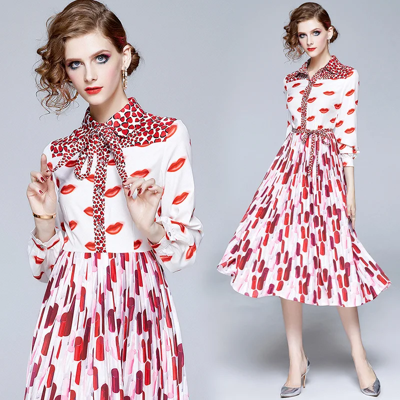 

WOMEN'S Dress Ozhouzhan Autumn New Style Debutante Long Sleeve Printed Slimming Pleated Skirt Fashion Dress