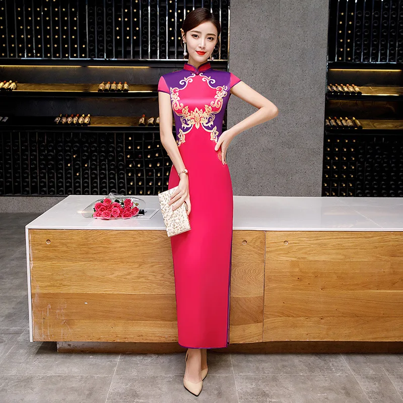 Высокая мода черный белый ручная работа Кнопка Новинка Вьетнам длинное платье Винтаж Ципао короткий рукав принт длинное платье размера плюс S-4XL - Цвет: hot pink