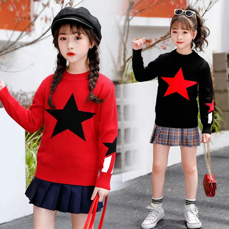 Мягкие свитера для девочек; модные детские топы с принтом звезды; зимняя свободная одежда для маленьких девочек; детская одежда; Vestidos 6, 8, 10, 12 лет