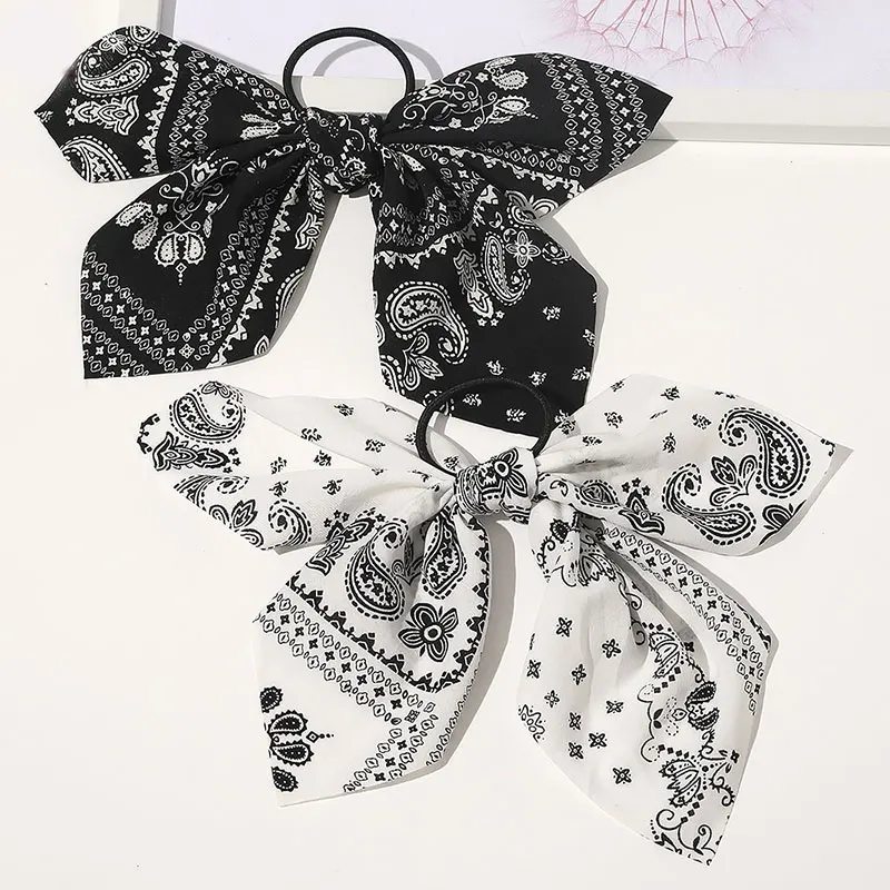 

1PCS Big Bow Scrunchies Cashew Flower Print Hair Rope Ponytail Elastic HairBand Rubber Band Vintage Retro Style Hair Accessories