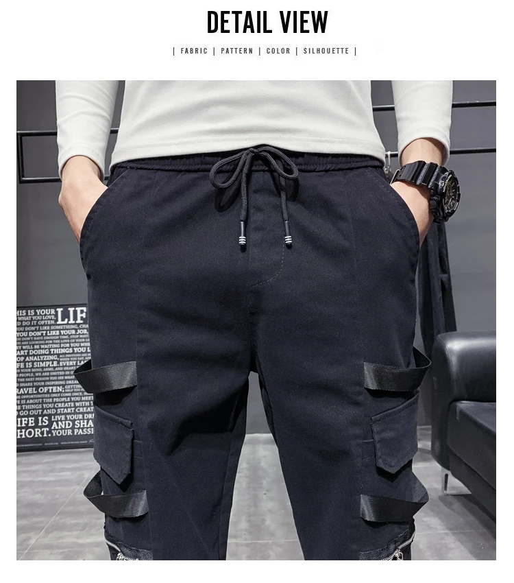Pantalones hombre, Осень-зима, уличная одежда, мужские брюки-карго, универсальные, с боковыми карманами и лентами, повседневные мужские штаны для бега в стиле хип-хоп