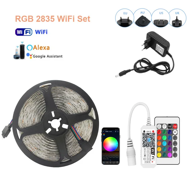 LED Strip Light RGB 5050 2835 Flexible Ribbon WiFi Bluetooth 12V led strip 20M 5M 10M 15M Waterproof Tape Diode+Control+Adapter RGB 2835 WiFi Set