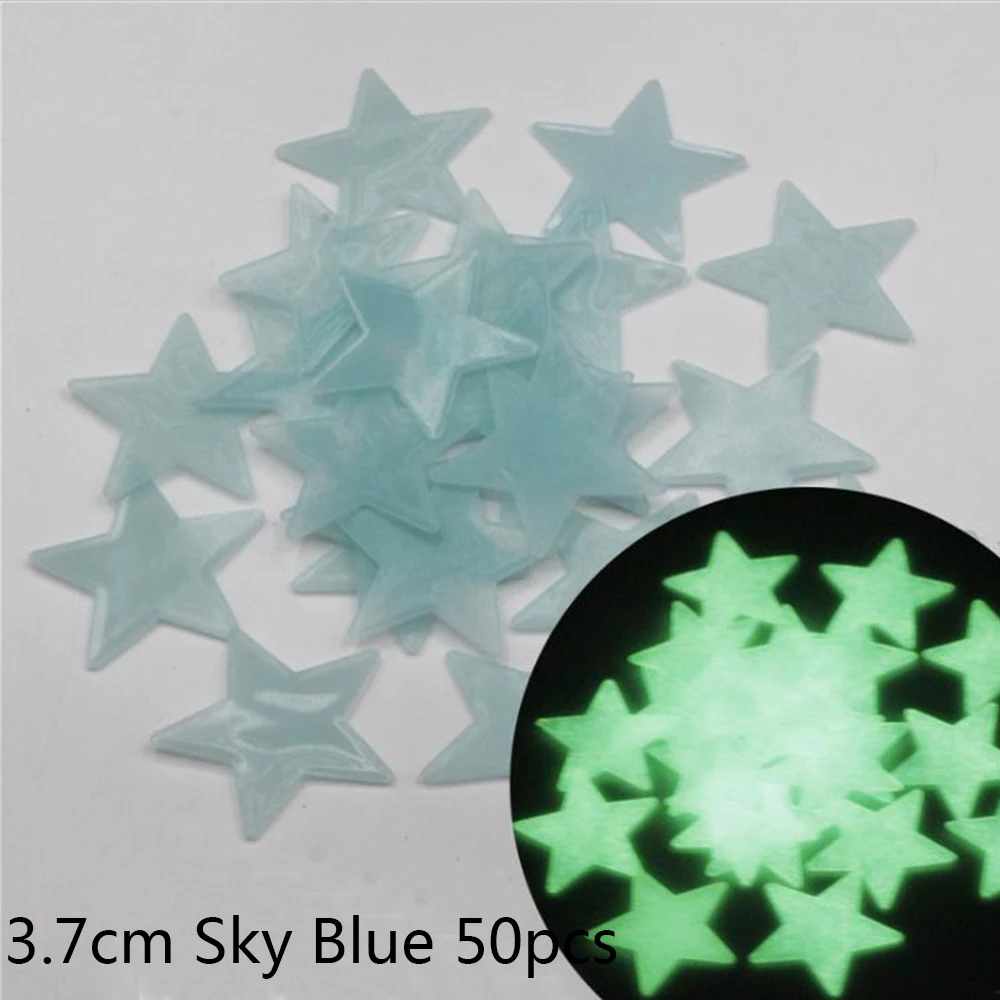 50 шт. 3D звезды светится в темноте наклейки на стену светящиеся флуоресцентные наклейки на стену для детей Детская комната Спальня Декор для потолка - Цвет: Sky blue 3.7cm